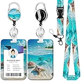 Sea Shells Starfish Lanyards for Id Badges, Plants ID Badge Holder with Heavy Duty Retractable Reel Clip Keychain Lanyard for Teacher Nurse Doctor Office Staff Student