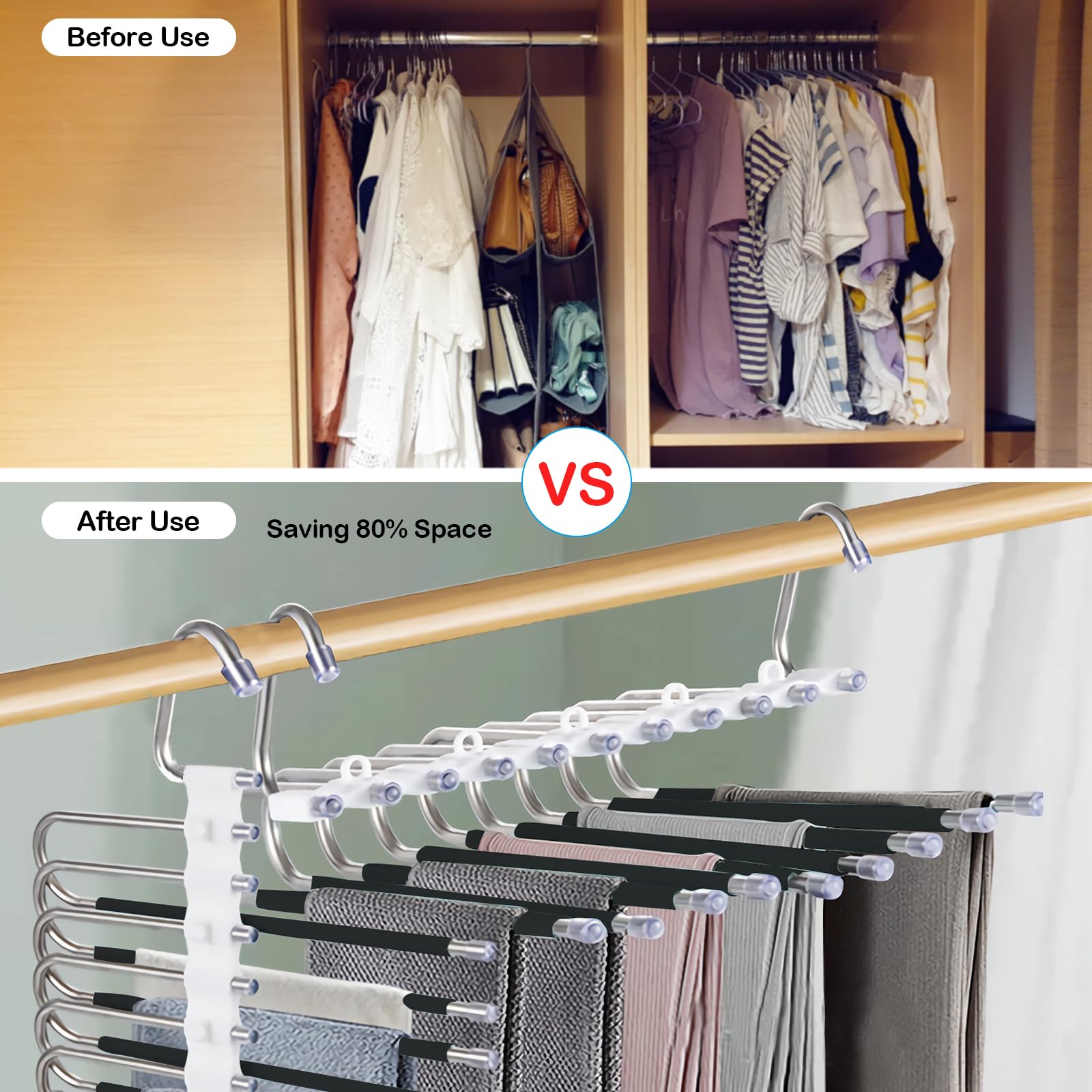 Loputon 2 Stück Hosenbügel Kleiderbügel Platzsparend aus Edelstahl rutschfest Faltbare Multifunktionaler Bügel für Hosen, Schals, Jeans, Kleidung, Handtücher (Schwarz mit 14 Kleiderbügels) 3