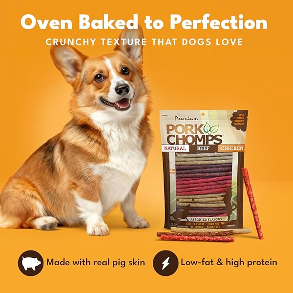 PORK CHOMPS DOG CHEWS, 5 INCH MUNCHY STICKS, 100 COUNT – ASSORTED FLAVORS: ROASTED PORK, CHICKEN, & BACON – LONG-LASTING TREATS FOR DOGS – HIGH PROTEIN, LOW FAT, HEALTHY & DELICIOUS CHEWS (1 PACK)