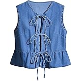 SHENHE Women's Y2k Tie Front Denim Vest V Neck Ruffle Hem Sleeveless Peplum Jean Top Shirt