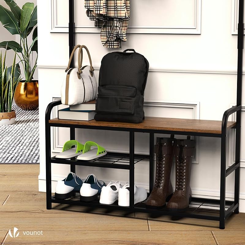 ® Stand Appendiabiti da Terra con Panca Scarpiera a 3 Ripiani, Attaccapanni Autoportante Mobile Ingresso Corridoio 9 Ganci Rimovibili, Design Moderno Industriale 85x33x185cm