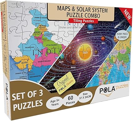 Pola Puzzles- Maps & Solar System - Puzzle - Combo 3 in 1 Gift Pack 60 Pieces Tiling Puzzles (Jigsaw Puzzles - Puzzles for Kids - Floor Puzzles), Puzzles for Kids Age 5 Years and Above. Size: 37 CM X 24 CM
