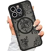 AIGOMARA Case for iPhone 15 Pro [Compatible with MagSafe] Black Flower Floral Pattern Design for Women Girls Soft TPU Bumper Hard PC Back Anti-Fall Shockproof Protective Slim Magnetic Cover