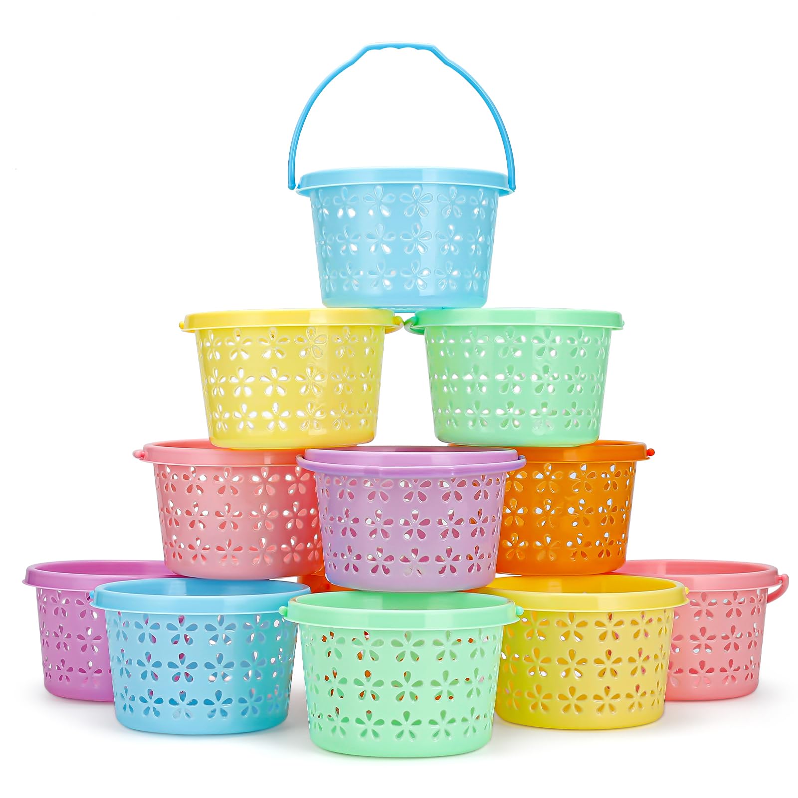 Photo 1 of 12 Pack Easter Baskets for Kids, 8.6" Plastic Easter Bags with Handles, Easter Bucket Bags Filled with Grass for Easter Egg Hunt, Perfect Theme Party Favors