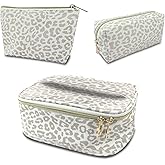 Deokke 3Pcs Makeup Bag,Travel Makeup Bag,Makeup Bags for Women,Makeup Brush Bag,Large Capacity PU Cosmetic Bag,Waterproof and Durable-Grey White Leopard Cheetah Pattern