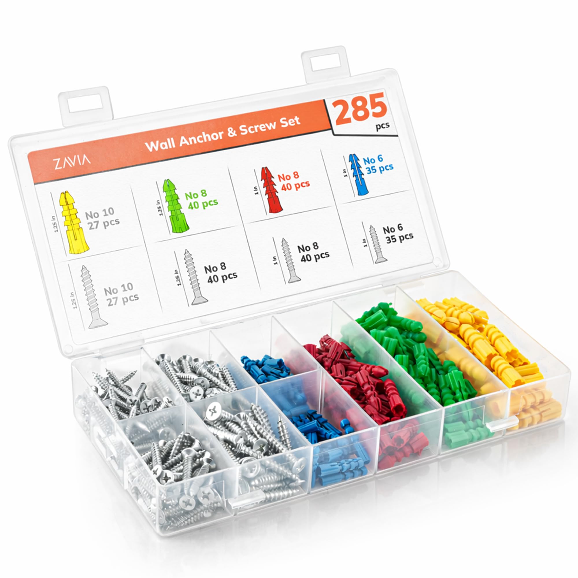 ZAVIA Wall Plugs and Screws 285 Pcs | Assorted 142 Rawl Plugs + 143 Metal Screws (No.6, No.8, No.10) for Plasterboard, Brick, Concrete & Wood | Wall Anchors kit with Storage Case