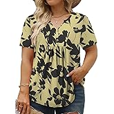 VISLILY Women's Plus-Size-Summer-Tops Trendy Henley V Neck T-Shirts Flowy Pleated Tunics Short Sleeve Buttons Up Blouses