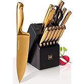 Styled Settings 14-Piece Knife Set with Block & Built-In Sharpener – Ultra-Sharp Full Tang Kitchen Knives – Premium Cooking & Prep Essentials, Gold Handle, Gold Blade & Black Block