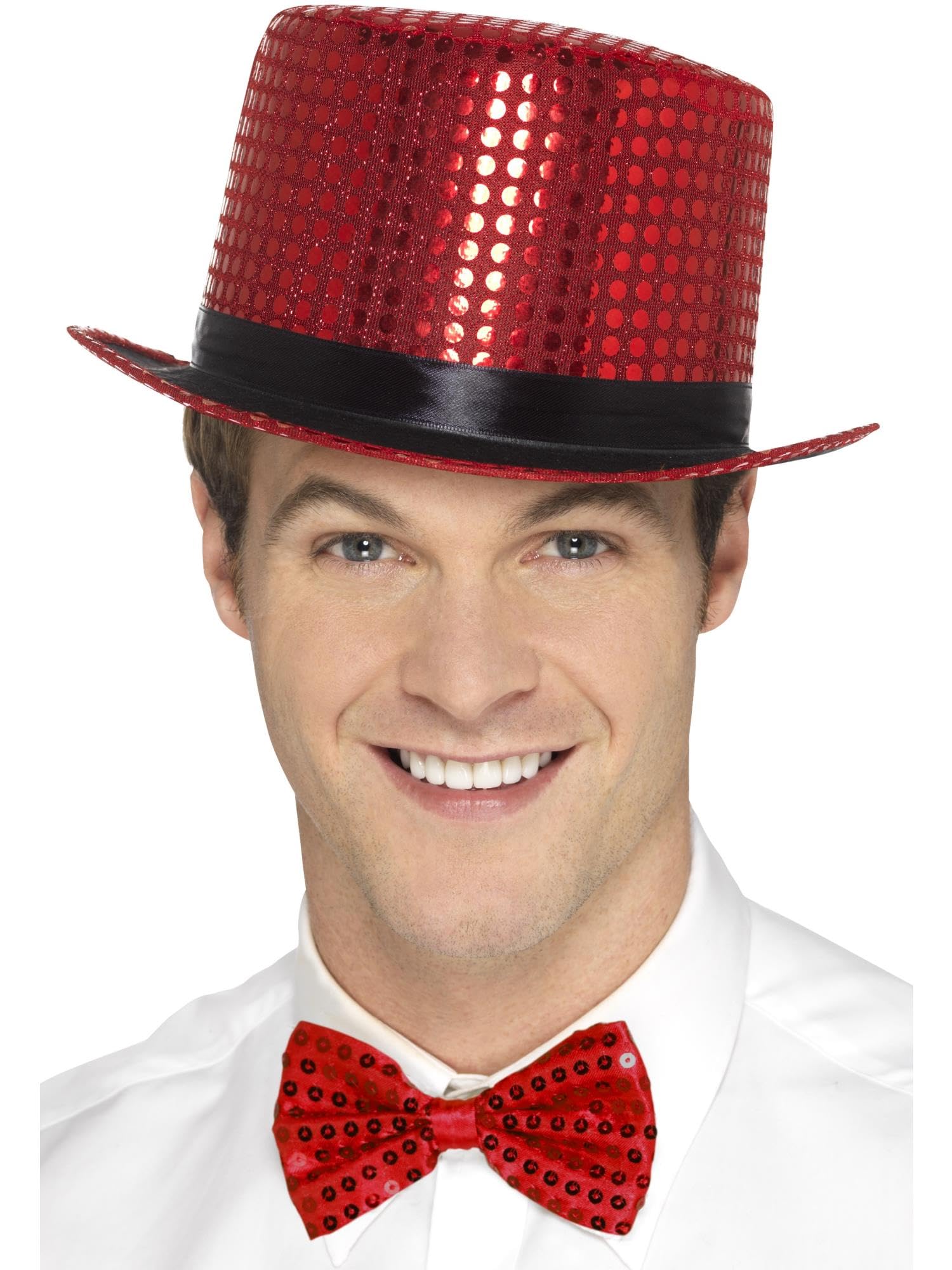 Smiffys Sequin Top Hat, Red with Elastic Inner Rim, Party & Carnival Fancy Dress, Adult Dress Up Hats