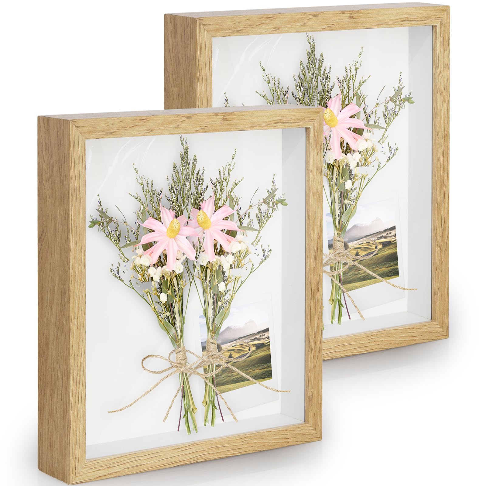 3D Shadow Box Frame 6x8 inch, 2 Pack Picture Frame with Glass for Crafts, 3cm Deep Box Frame Display Cases Desktop or Wall Hanging for Photos, Crafts, Souvenir, Baby Items - Natural Wood