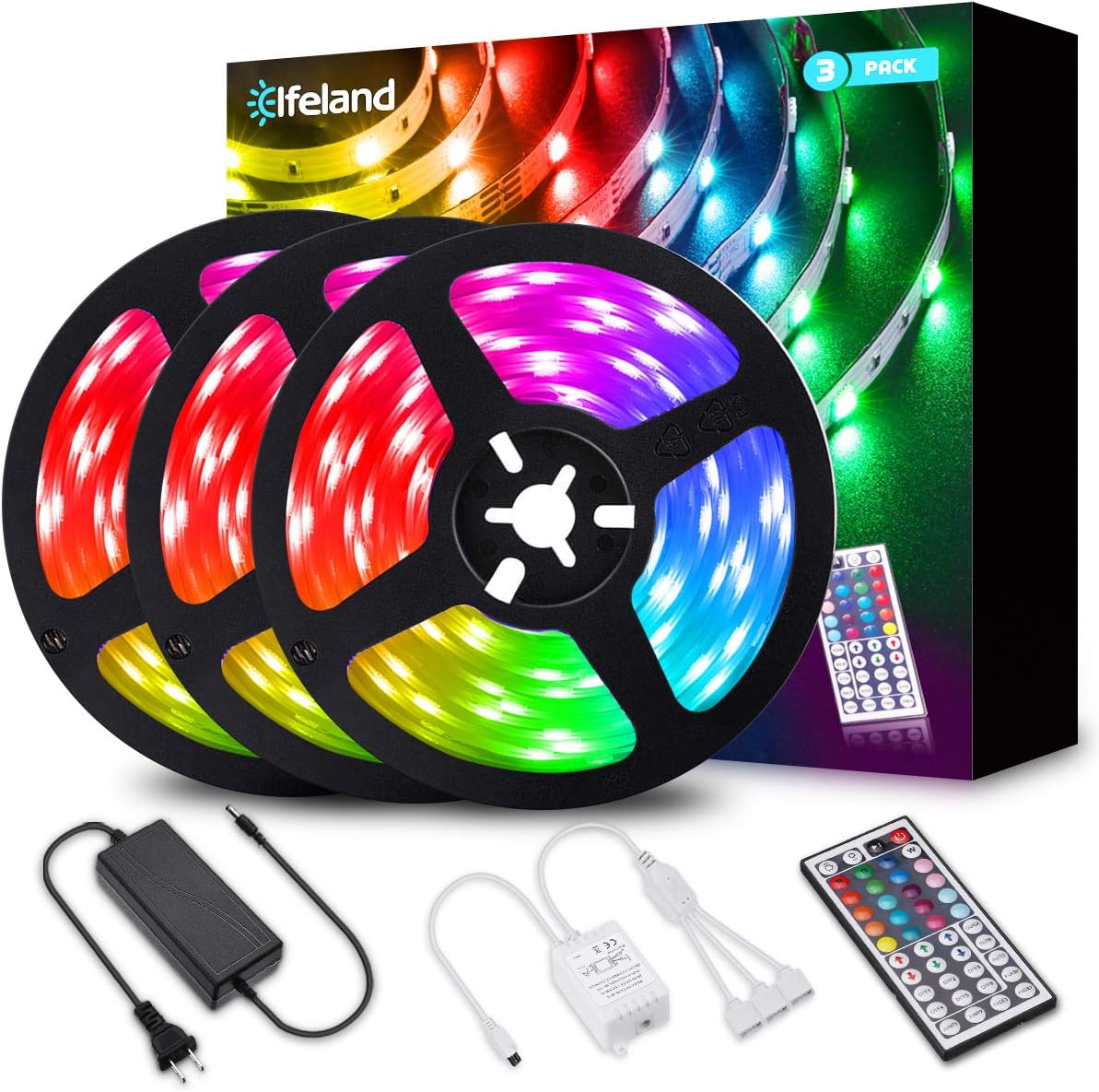 Elfeland LED Strip Lights 39.3FT/12M 5050 RGB Light Strips Color Changing Rope Lights Flexible Tape Light Kit with 44 Keys Remote Controller & 12V 5A Power Supply