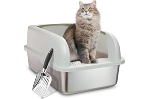 PAWXAW Upgraded Enclosed Stainless Steel Cat Litter Box, High Sided XXL Extra Large Litter Box for Big & Multiple Cats, Easy Cleaning High Wall Side Covered Litter Box with Scoop