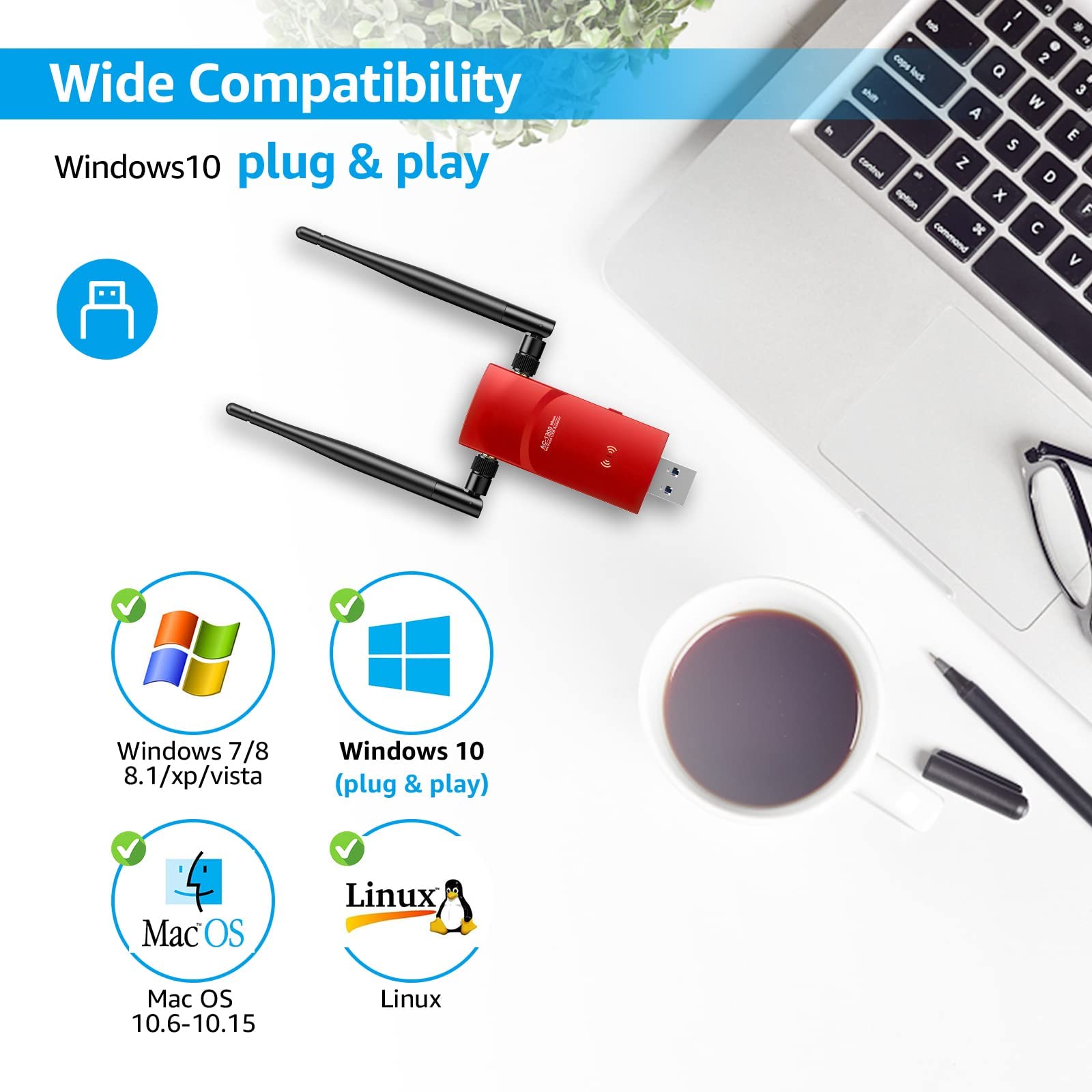 L-Link USB WiFi Adapter AC1300Mbps 3.0 Fast Connection for Desktop PC and Laptop with 2.4GHz, 5GHz High Gain Dual Band 5dBi Antenna, WiFi Dongle Supports Windows 10/8/8.1/7/Vista/XP/Mac OS/Linux