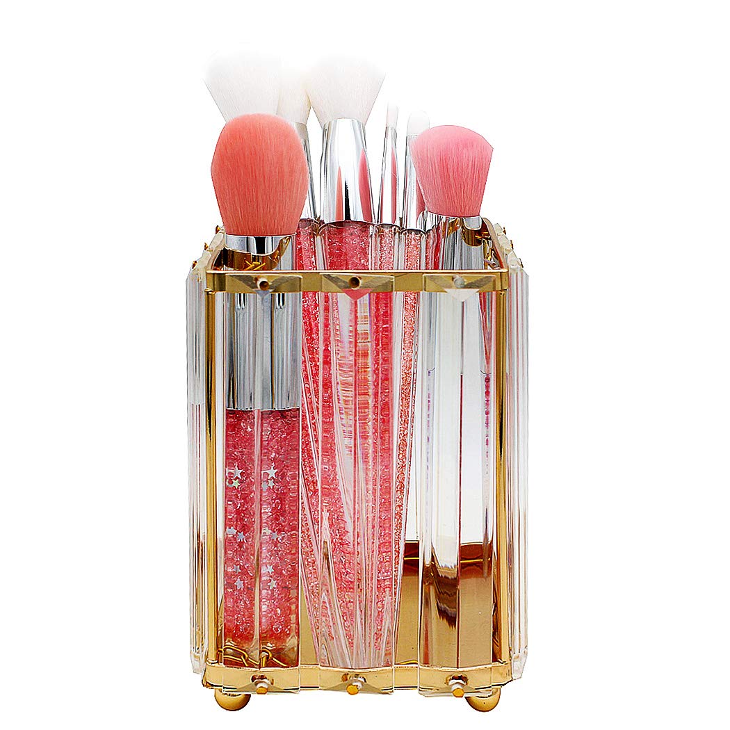 SIPLIV Crystal Makeup Brush Holders Pen Holder Cosmetic Storage Holder Beauty Brush Holder Office Desk Organizer - Square, Gold