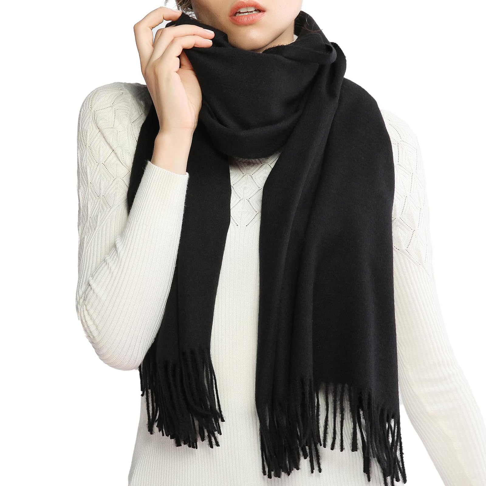 RIIQIICHY Winter Cashmere Woo Scarf Fee Warm Tick arge Back Pashmina Scarves Stoe Shaw for Women, L, Black