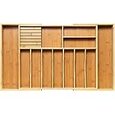 VaeFae Extra Large Kitchen Utensil Holder, Bamboo Silverware Drawer Organizer, Expandable Cutlery Organizer with Knife Block, Multifunctional Drawer Divider (10-12 compartments)