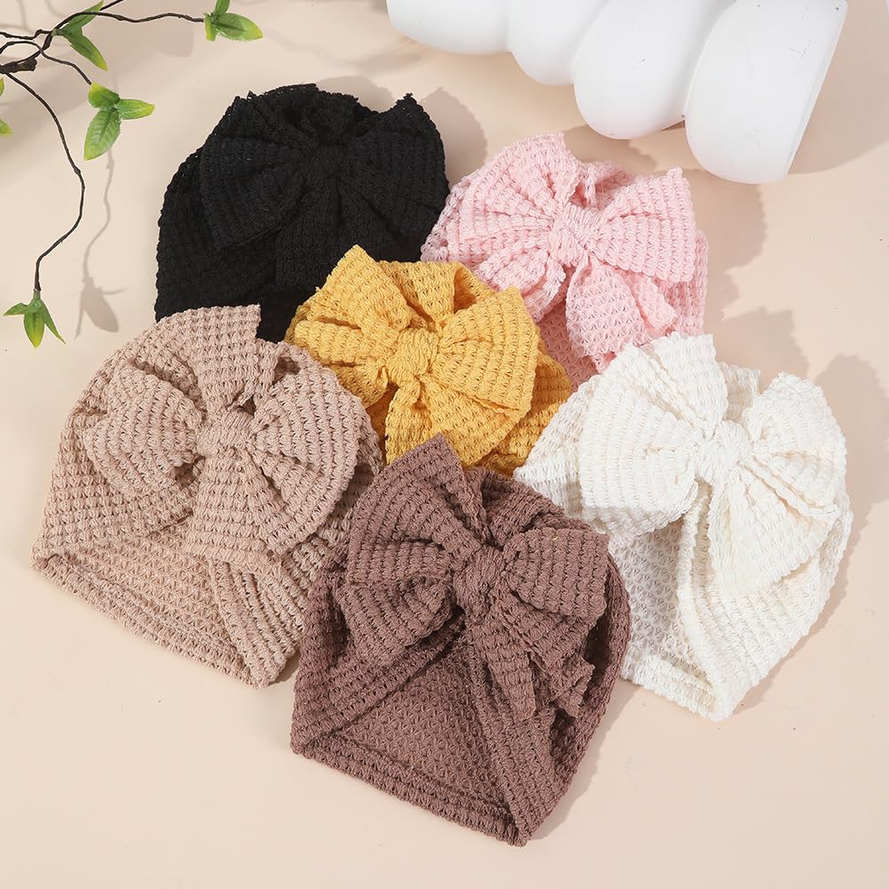 Esumun Baby Girls Hair Bow Turban Hat 6PCS Set, Top Bowknot Head Wrap Beanie India Caps for Infant Toddlers