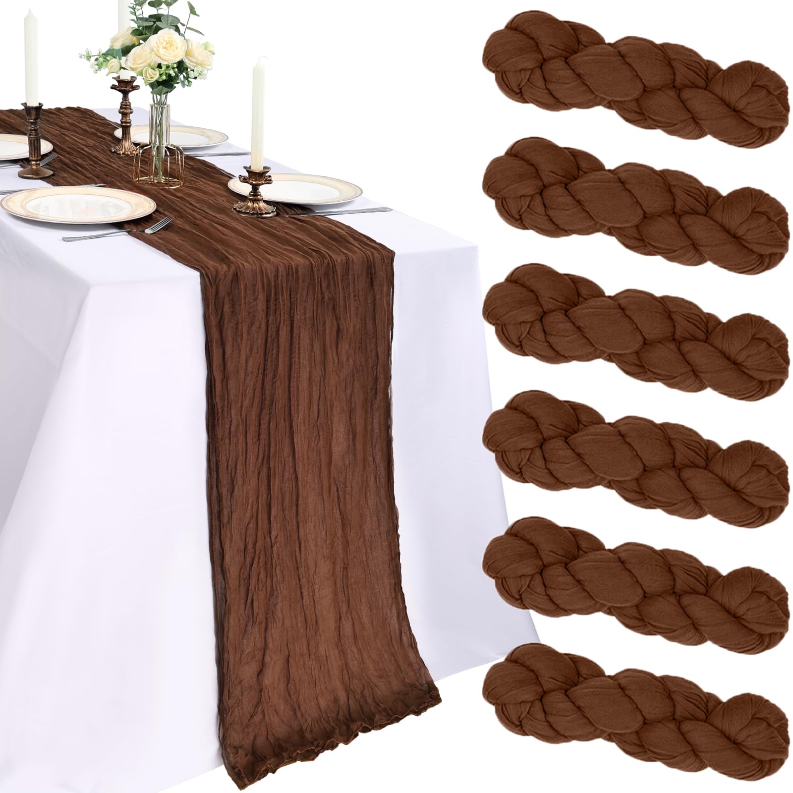 Photo 1 of 6 Pack 10FT Brown Cheesecloth Table Runner 120 Inch Long Gauze Rustic Boho Cheese Cloth Table Runner Sheer Fabric for Wedding Party Birthday Bridal Baby Shower Centerpiece Home Decor