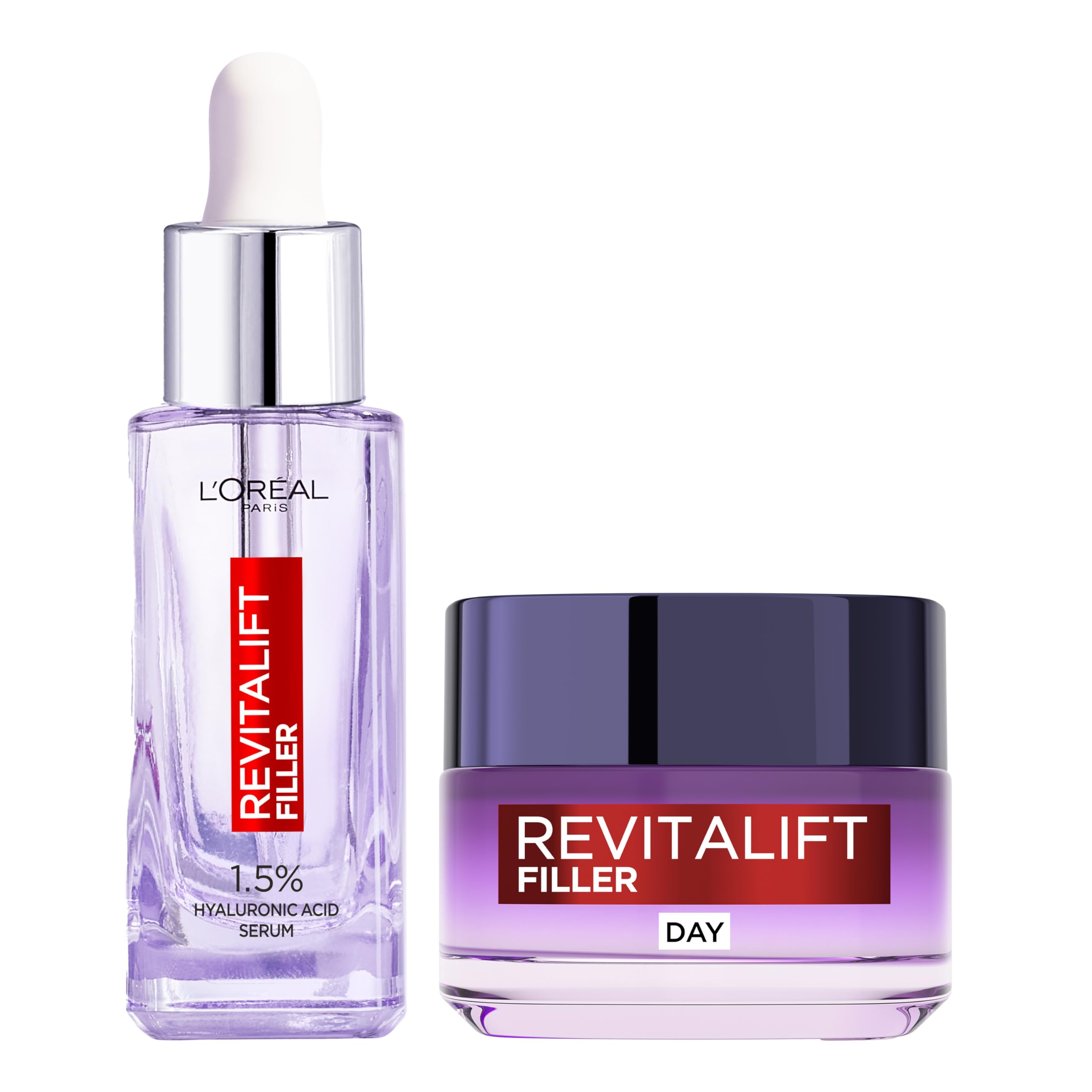 L'Oréal Paris Revitalift Hyaluronic Acid Serum & Anti-Ageing Anti-Wrinkle Replumping Day Cream Duo, 1.5% Pure Concentrated Micro-Epidermic Hyaluronic Acid, Non-Greasy Texture, For Fine Lines