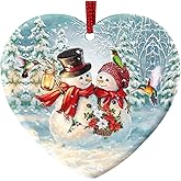 Sportyzen 2025 Christmas Ornament - Snowman Couple & Hummingbird Ceramic Ornament, Festive Hanging Keepsake for Christmas Tree, for Snowman Lovers, Family, Friends
