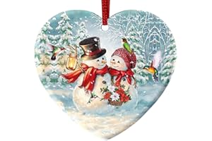 Sportyzen 2024 Christmas Ornament - Snowman Couple & Hummingbird Ceramic Ornament, Festive Hanging Keepsake for Christmas Tree, for Snowman Lovers, Family, Friends