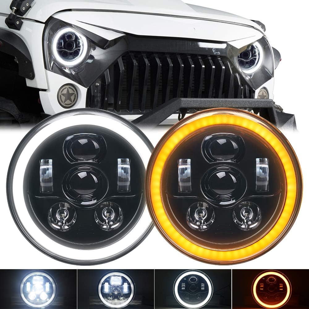 Lusgwufad 7 inch LED Halo Ring Round Headlights with Amber
