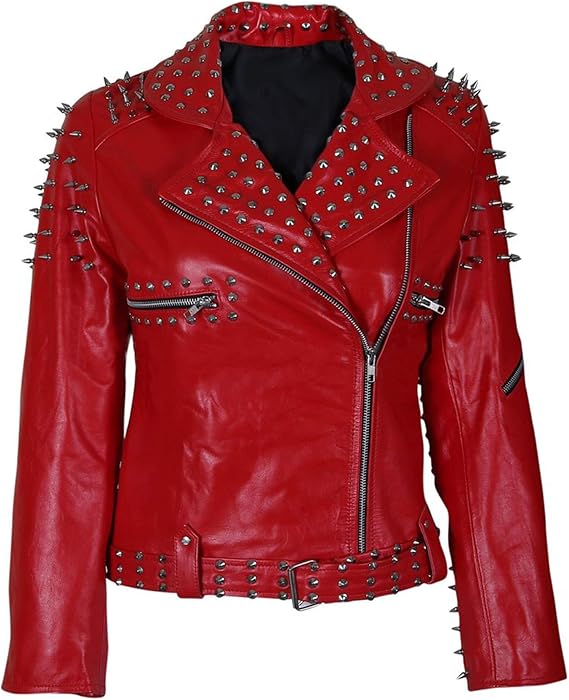 Woman Red Embroided Patches Black Lining Leather Jacket Studs Spike