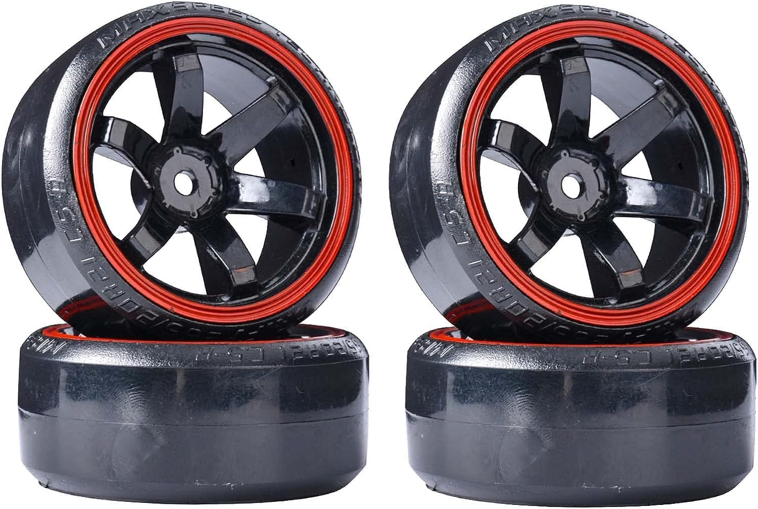 KINGCOO RC Drift Car Wheel and Tyre, 4PCS 63mm Hard Tires Plastic Wheel Rims for 1/10 On-Road Racing Drifting Car Spare Parts for HSP Tamiya HPI Kyosho(Black/Red)