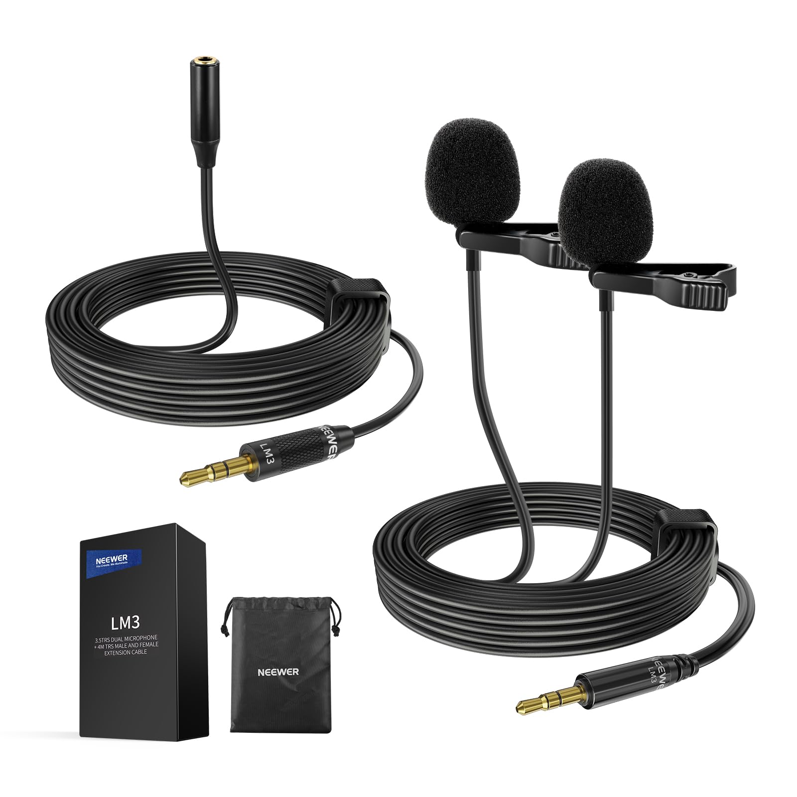 NEEWER 2m Wired Dual Lavalier Microphones with 4m Extension Cable, Mini Clip On Omnidirectional Condenser Lapel Lav Mic 3.5mm TRS for DSLR Mirrorless Camera Camcorder Interview Vlog, LM3