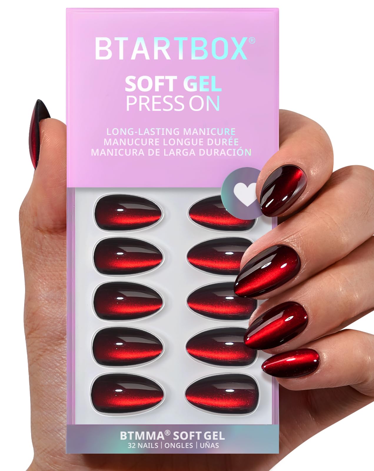 Photo 1 of BTArtbox Press On Nails Short - Vampire's Gaze, Deep Red Cat Eye Almond Halloween Press On Nails with Glue for Women, Glossy Glue On Nails in 16 Sizes - 32 Stick On Nails Kit