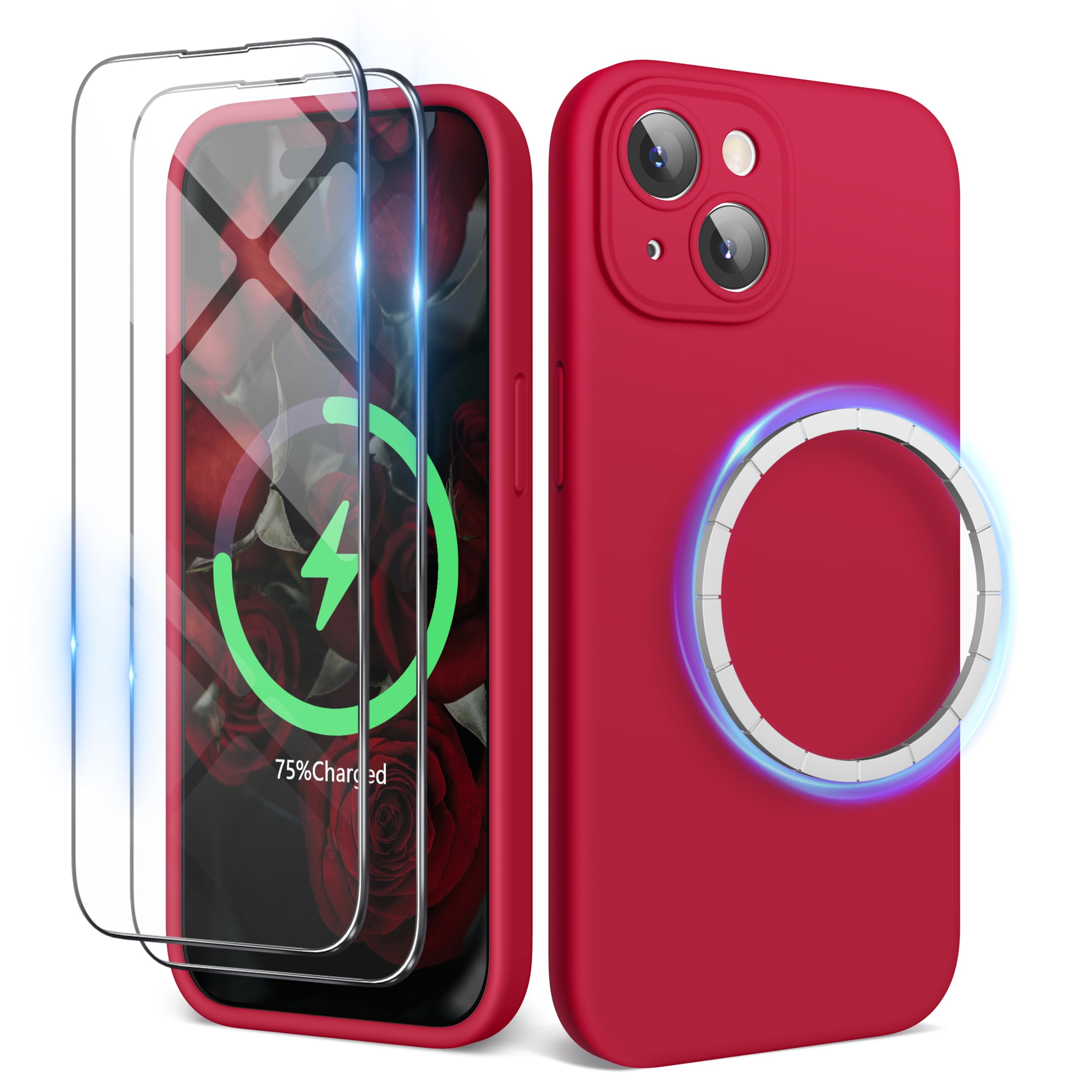 SURPHY Magnetic Case for iPhone 15 Case with Screen Protector, Liquid Silicone Anti-Scratch Compatible with MagSafe Gel Rubber Phone Case for iPhone 15 6.1 inch, Red