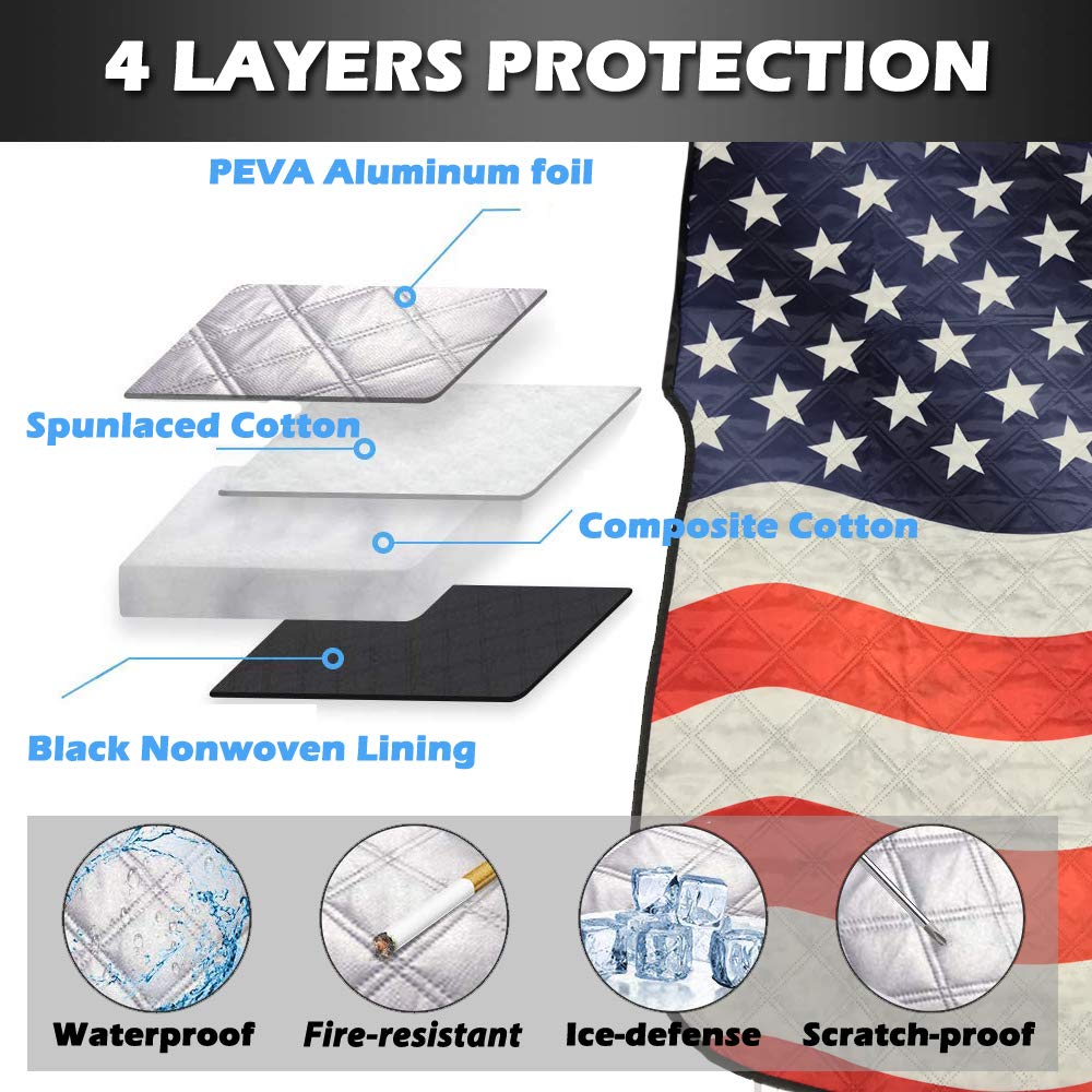 Big Hippo Windshield Snow Cover, American Flag Windshield Cover and Mirror Covers for Storage Ice Protector Windproof Car Cover in All Weather, Fit for Cars, Trucks, SUV, Vans Vehicle