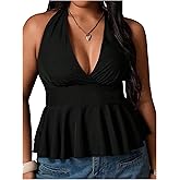Floerns Women's Plus Size Y2K Backless Halter Top Sleeveless Ruffle Peplum Going Out Tops