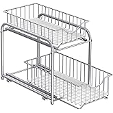 SONGMICS 2-Tier Pull Out Cabinet Organizers, Under Sink Organizer, Bathroom Organizer and Storage, Sliding Basket Drawers, Stackable for Kitchen, Bathroom, Metallic Silver UKCS017E01
