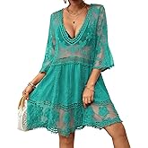 Bsubseach Women Lace Swimsuit Cover Up Bathing Suit Coverups V-Neck Swimwear Beach Vacation Dress