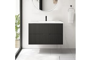 JINDOLI 30 Inch Bathroom Vanity Cabinet With Ceramic Sink - Black Wall Mounted Floating Fluted Vanity With Drawers, Modern