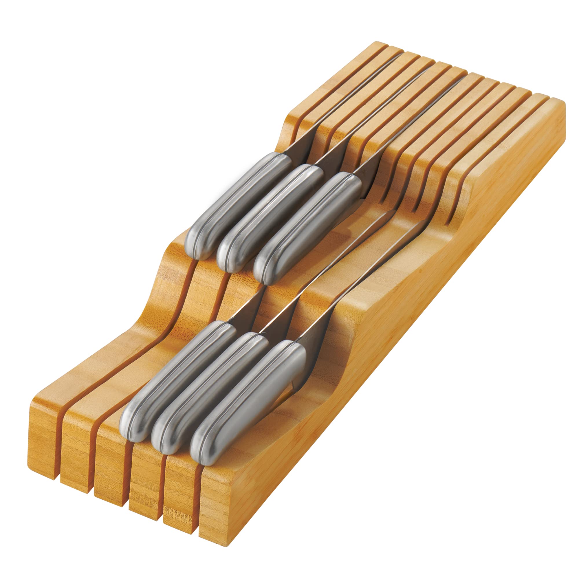 Photo 1 of In-Drawer Knife Block - Bamboo Knife Drawer Organizer for Kitchen - Fits 5 Long + 6 Short Knives - Store Knives with Blades Pointing Down - Wooden Steak knife Holder without Knives - Chef Gift Idea