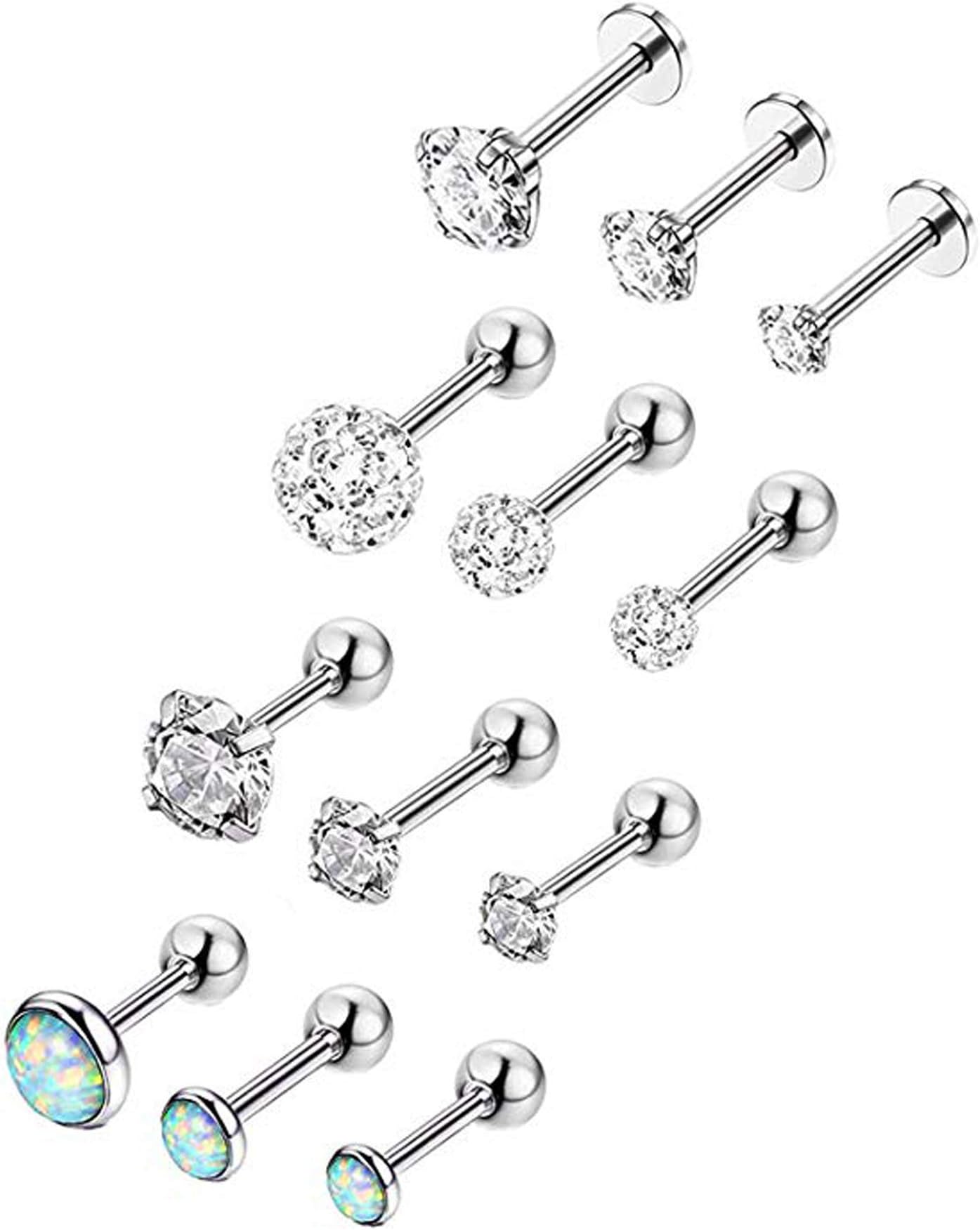 6-12Pcs 16G 316L Stainless Steel Stud Earrings for Women Cartiliage Earring Tragus Helix Piercing Created-Opal 3/4/5MM