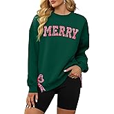 Christmas Sweatshirt Women Merry And Bright Shirts Embroidered Merry Christmas Long Sleeve Tops With Side Bow Applique