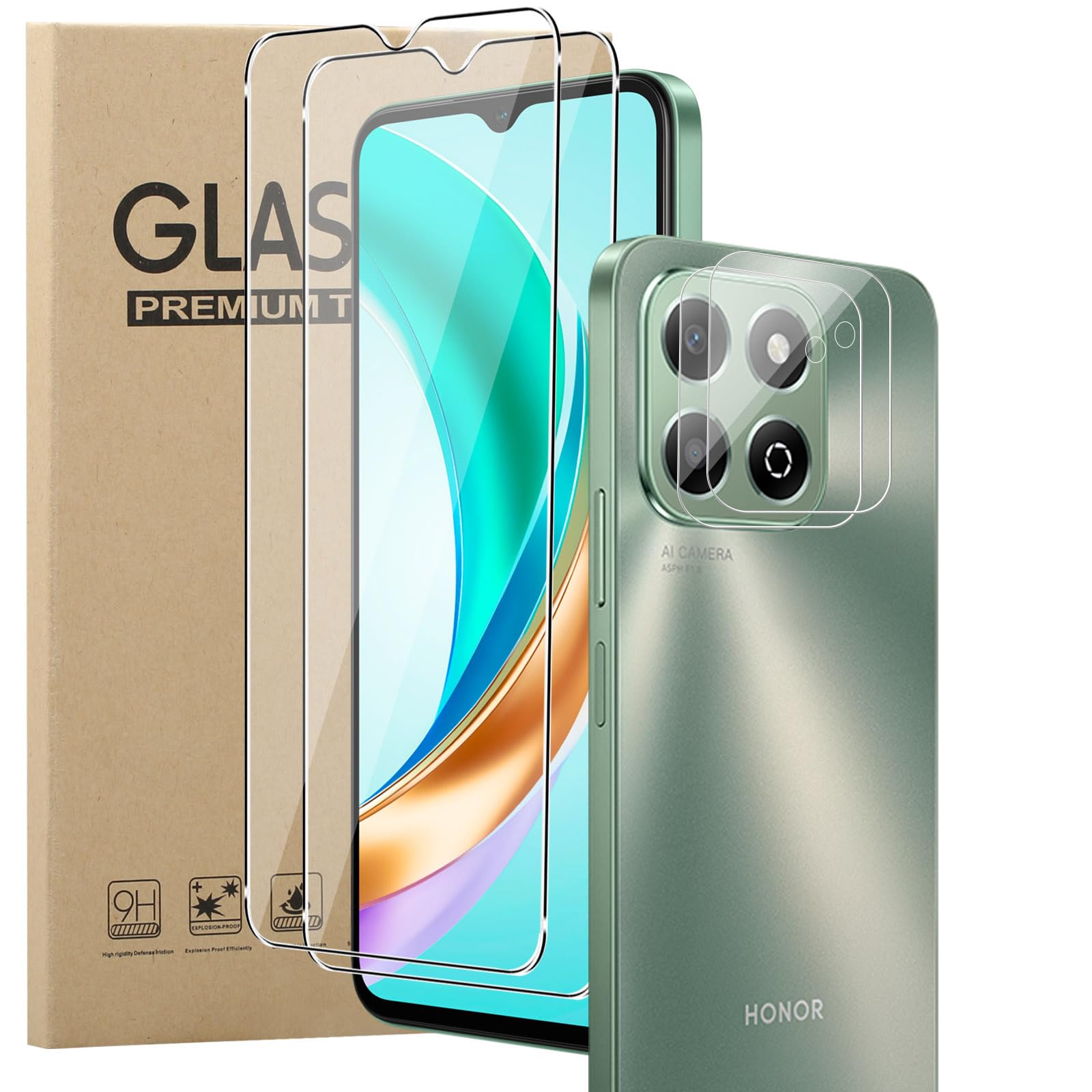 KZIOACSH Screen Protector for HONOR X6b, [2+2 Pack] 9H Hardness[Anti-Scratch] Front Screen Tempered Glass HD Clear [Bubble Free] Protective Cover Film with Camera Lens Protector for HONOR X6b