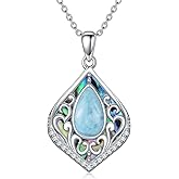 HPQQ Filigree Gemstone Necklace 925 Sterling Silver Teardrop Bohemian Necklace Abalone Shell Jewelry Birthday Gifts for Women