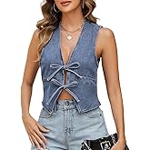 Ladyful Womens Denim Vest V Neck Bow Tie Front Shirt Jean Vest Sleeveless Lightweight Summer Sexy Waistcoat Top
