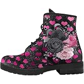 Ratdlyz Women's Ankle Printed Boots with Rose Girl Mushroom Flower Leather Lace-up Butterfly Flower Starry Sky Color-blocked Combat Booties Floral Shoes Stylish Casual Everyday for Travel Party