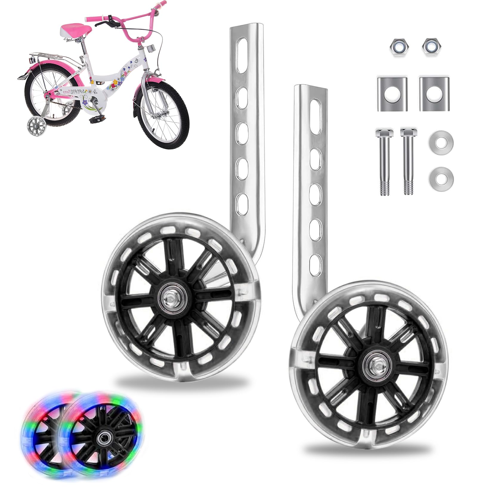 GothicBride Bicycle Stabilisers, Universal Stabilisers for Children's Bike, Flash Wheels, Bicycle Stabilisers, Auxiliary Wheels, Stabilisers for 12, 14, 16, 18, 20 Inch Children Single Speed Bicycle