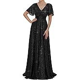 Ever-Pretty Women's Evening Gowns V Neck Ruched Short Sleeves A-line Glitter Formal Dresses