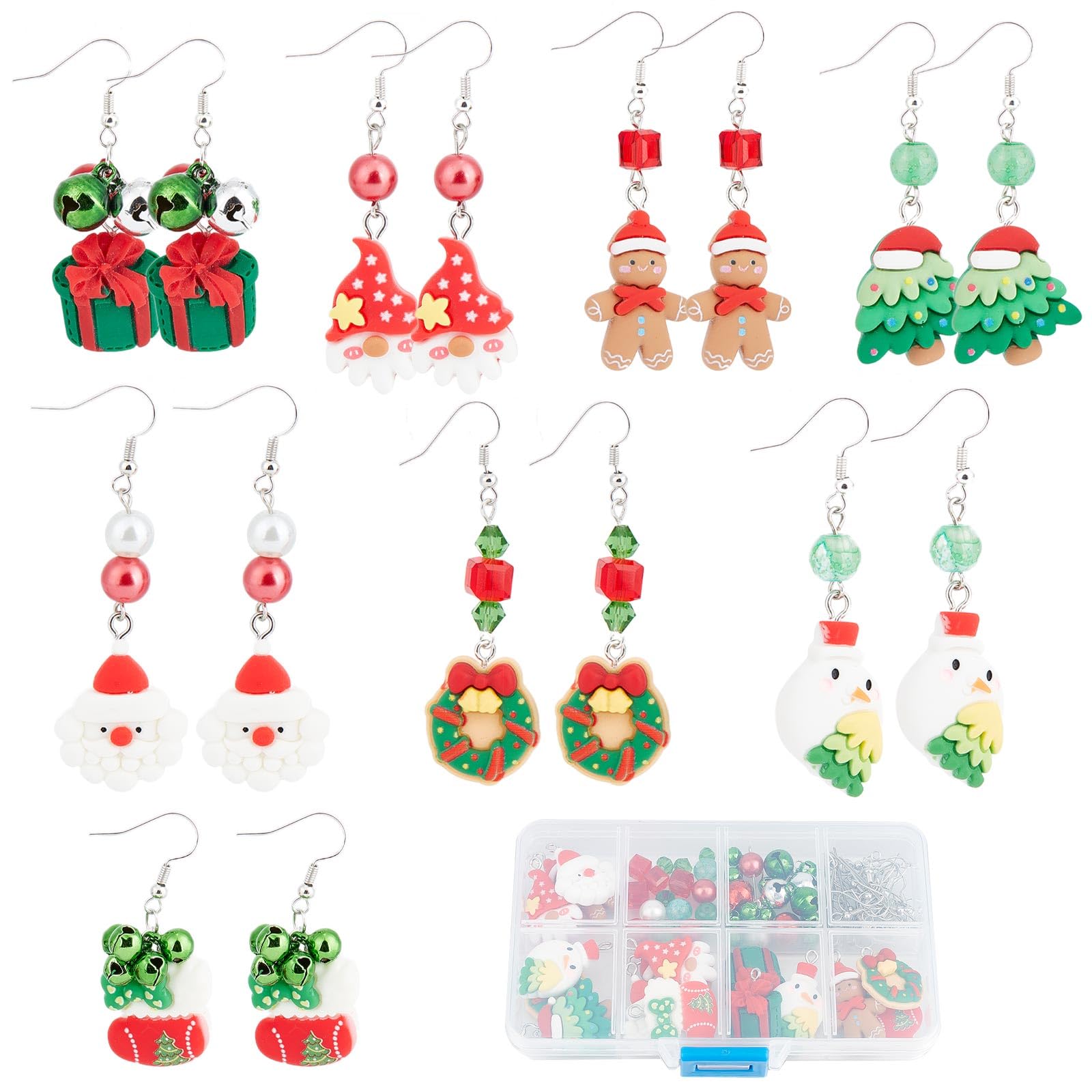 SUNNYCLUE 1 Box DIY 8 Pairs Christmas Charms Resin Xmas Gingerbread Man Charm Earrings Making Starter Kit Santa Claus Bear Flat Back Charm Love Heart Christmas Tree Charms for jewellery Making Kits — image 1