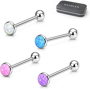 RAVOLEN 14G Titanium Opal Tongue Rings – Implant Grade Internally Threaded Barbell Set, 14mm & 16mm Straight Bars, 4mm & 5mm