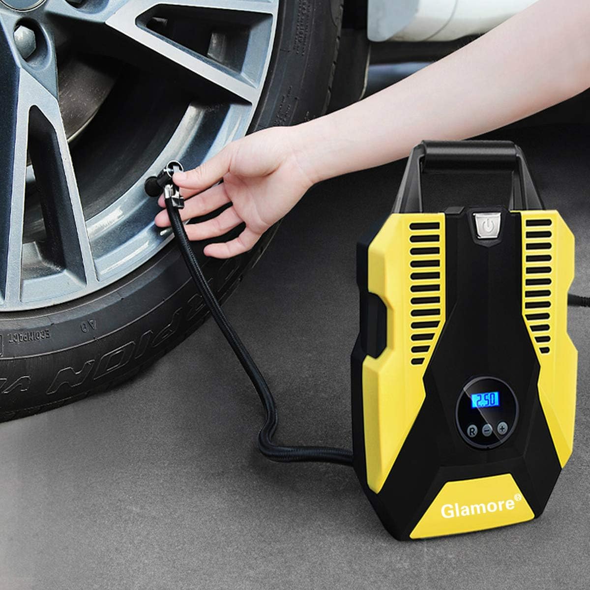 Glamore Portable Air Compressor for Car Tires, Digital Tire Inflator, 12V DC Air Compressor Tire Inflators, Air Tire Pump, 150 PSI with Emergency LED Flashlight for Cars, Motorcycles, Bikes, Ballons: Automotive