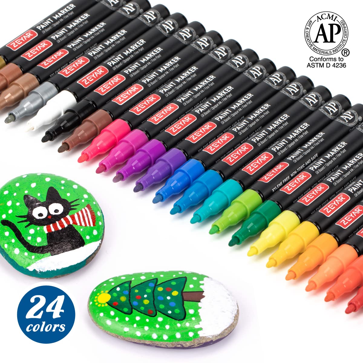 ZEYAR Oil-Based Paint Markers, Fine Point 24 Colors, AP Certified, Works on Rock painting, Wood, Glass, Metal, Ceramic and more (24 Colors Fine Point)