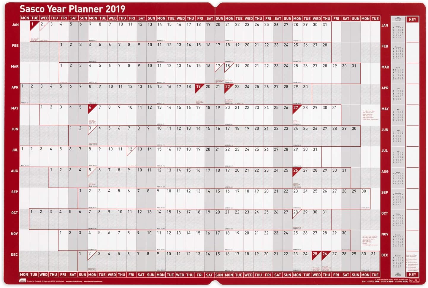 Sasco 2019 Board Mounted Year A1 Wall Planner with Sticker Pack, Wet Wipe Marker Pen & Pen Clip (W915 x H610mm), 2401929